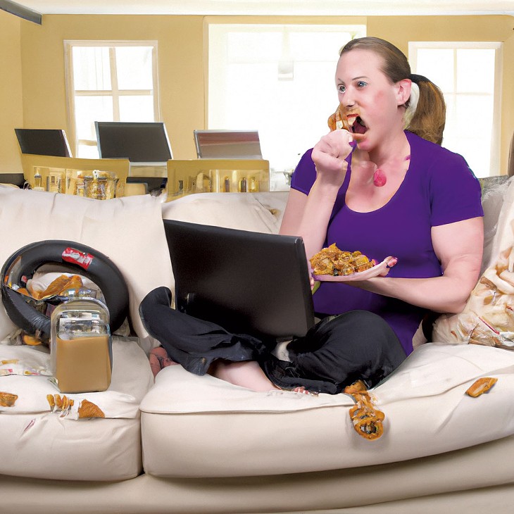Art created by AI imagery generator DALL-E in response to the prompt: "woman sitting on a couch eating peanut butter filled pretzels typing on a computer a car has crashed through her living room" - IMAGE GENERATED BY DALL-E 2