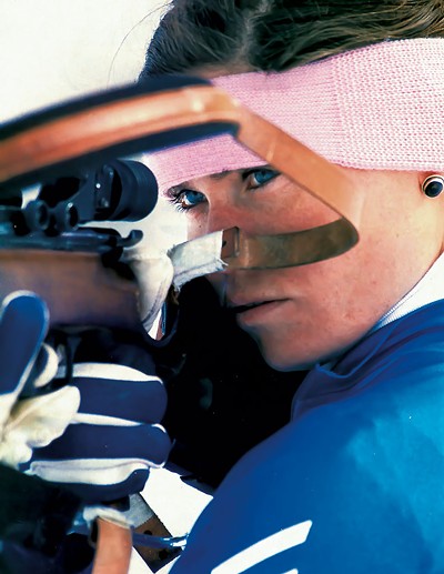 Jan Reynolds shooting a .22 rifle in biathlon competition - COURTESY OF BRUCE BENEDICT/JAN REYNOLDS