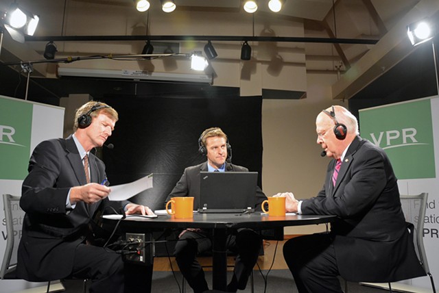 Scott Milne, Peter Hirschfeld and Sen. Patrick Leahy prepared for a Vermont Public Radio debate Wednesday in Colchester. - ANGELA EVANCIE, COURTESY OF VPR