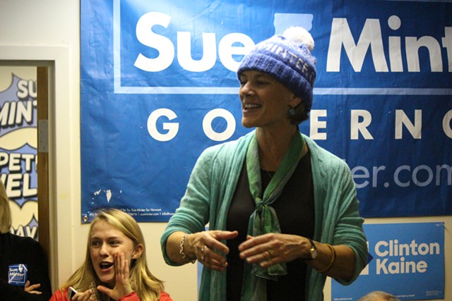 Sue Minter campaigning Sunday afternoon at the Vermont Democratic Party's Burlington office - PAUL HEINTZ