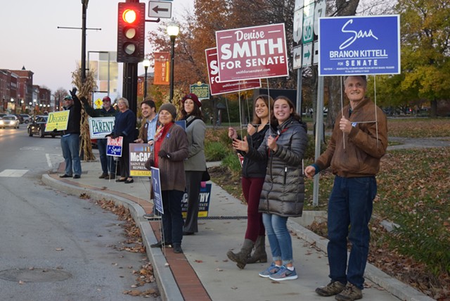 Franklin County candidates greet passersby Monday afternoon in St. Albans. - TERRI HALLENBECK/SEVEN DAYS
