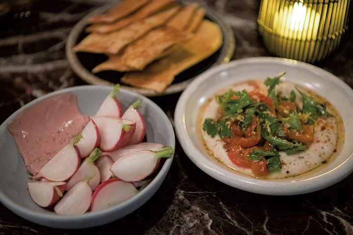 Chicken liver mousse with radishes and roasted red pepper-topped white bean dip with housemade crackers at Foxy - DARIA BISHOP