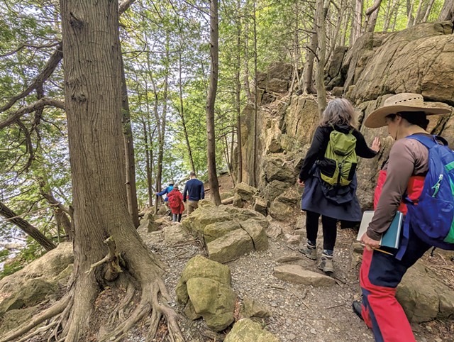 Students descending to Lone Rock Point to explore the Champlain Thrust Fault - RACHEL MULLIS