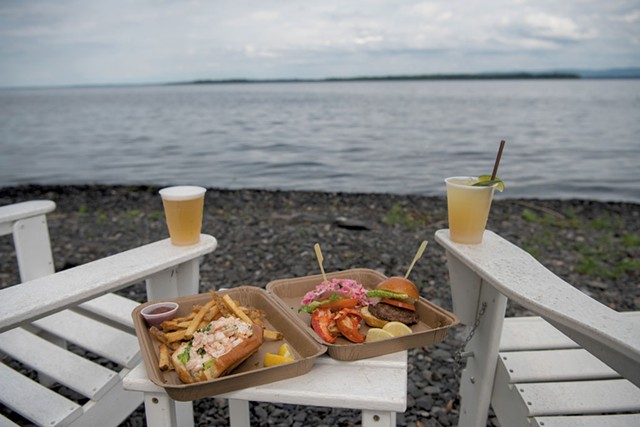 Shrimp salad roll and surf and turf mini sliders with a beer and a chile-lime pineapple soda at Bravo Zulu Lakeside Bar in North Hero - DARIA BISHOP