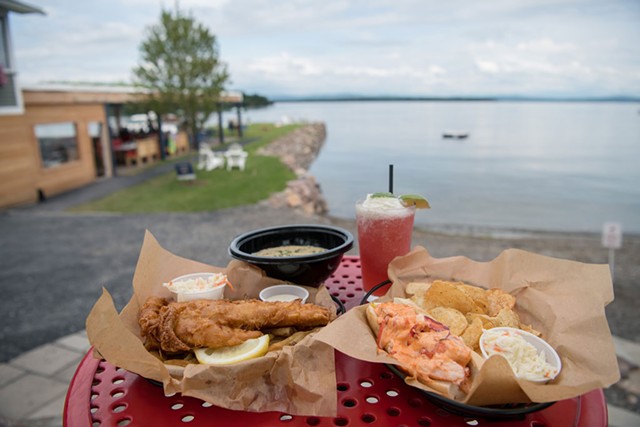 Fish and chips, clam chowder, frozen daiquiri and lobster roll at the Pier Bar in North Hero - DARIA BISHOP