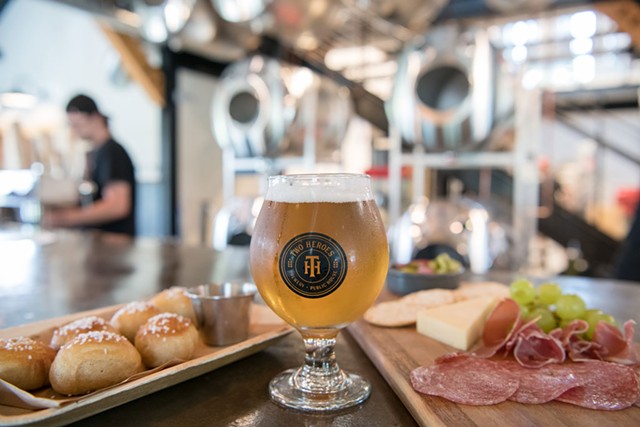 Pretzel bites and charcuterie with a Perfect Day honey saison at Two Heroes Brewery Public House in South Hero - DARIA BISHOP