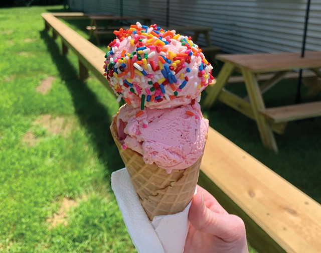 Strawberry and peppermint double scoop with sprinkles at the Island Homemade Ice Cream Scoop Shop - COURTESY