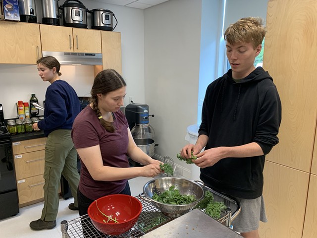 From left: Sophie Warth, Indira Fleet and Robert Ness processing cucumbers and kale for Hillel Fresh - MELISSA PASENAN ©️ SEVEN DAYS