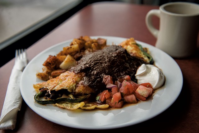 Poblano chile omelette at Firebird Caf&eacute; - DARIA BISHOP