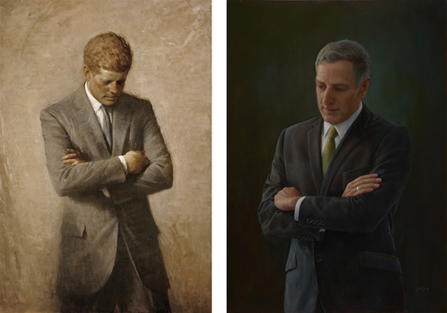 Left: "Oil Portrait of John F. Kennedy" by Aaron Shikler; right:  Peter Shumlin by August Burns, photographed by Martin Lavalee