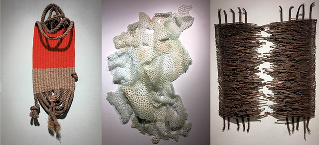 From left to right: "Chill Pill" by Karen Cygnarowicz; "Specimen #2" by Gracia Nash; "Gathering #8" by Ann Wessmann - PAMELA POLSTON