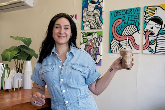 Vermont Juice Company owner Jehan Dolbashian with a tahini mocha smoothie - DARIA BISHOP