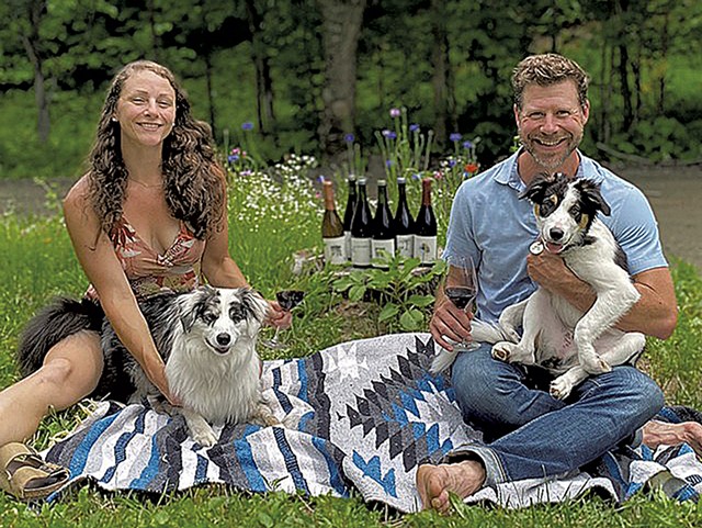 Lauren Droege and David Keck of Stella14 Wines with their dogs, Leaf and Pesto - COURTESY
