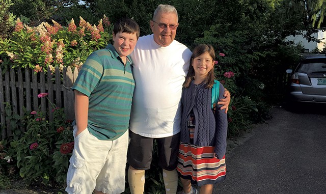 Graham and Ivy Resmer with Lyle Remick Sr. on the first day of school in August 2017 - COURTESY