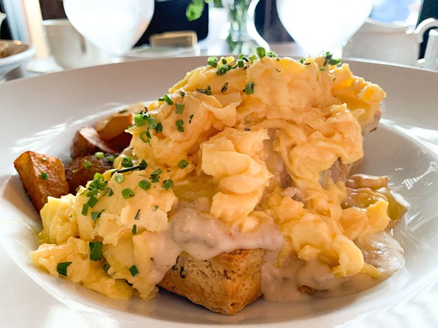 Biscuits and sausage gravy special with scrambled eggs and potatoes - MELISSA PASANEN ©️ SEVEN DAYS