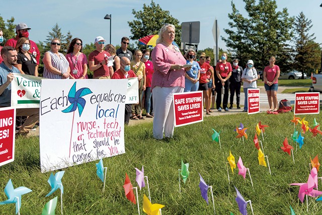 Deb Snell, president of the Vermont Federation of Nurses & Health Professionals, at a rally in 2021. - FILE: COLIN FLANDERS ©️ SEVEN DAYS