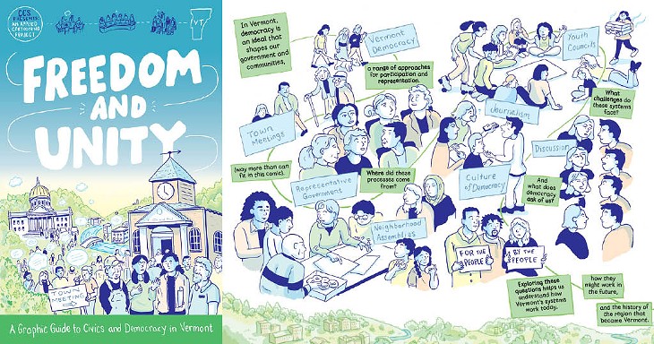 A spread from Freedom and Unity: A Graphic Guide to Civics and Democracy in Vermont  - COURTESY