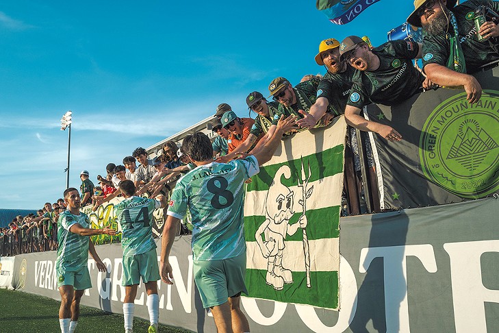 Green Mountain Bhoys celebrating with Vermont Green players - COURTESY OF SPENSER POWELL