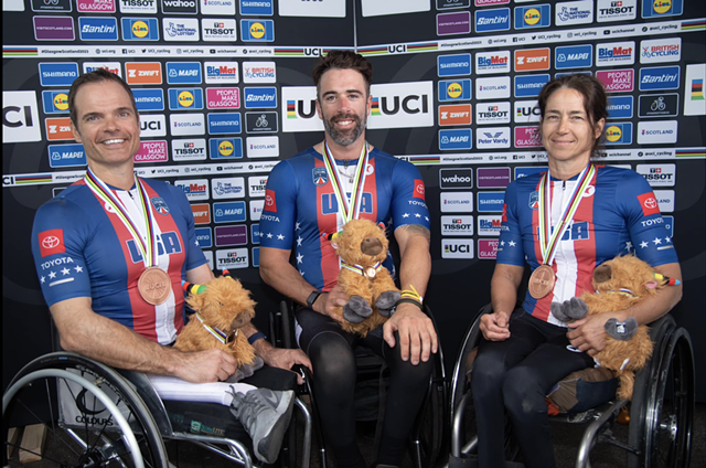 Alicia Dana with relay teammates Travis Gaertner and Brandon Lyons at the 2023 UCI World Championships in Glasgow, Scotland - COURTESY