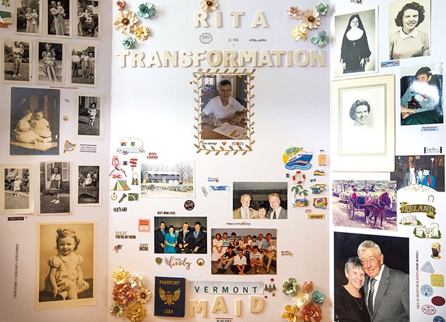 Mannebach's "transformation board" with photos from her life, including a reference to Vermont MAID (medical aid in dying) - JAMES BUCK