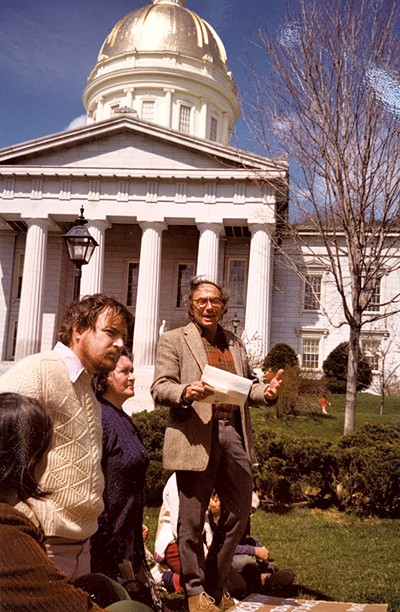 Jules Rabin speaking at a protest in Montpelier in the late 1970s