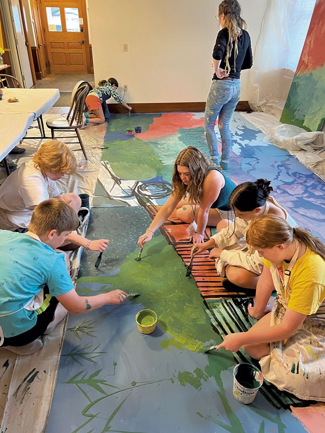 Campers helping with the mural for the Lamoille Valley Rail Trail at River Arts in Morrisville; - COURTESY OF STEPHANIE DREWS-SHELDON