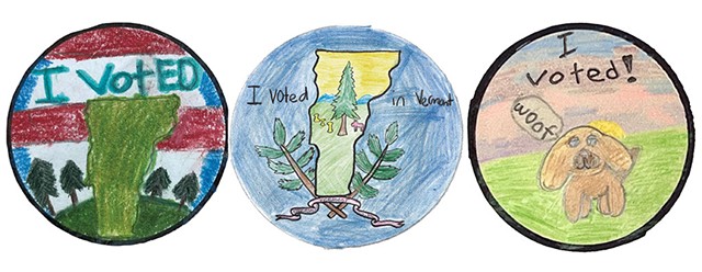 New Vermont "I Voted" stickers designed for the Good Citizen Challenge, from top left: Lyle Johnson, Willa Saunders, Grace Gillman - COURTESY