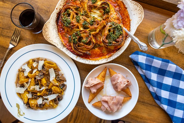 Clockwise from left: Cappellacci, lasagna and gnocco fritto with mortadella at Gallus Handcrafted Pasta - JEB WALLACE-BRODEUR