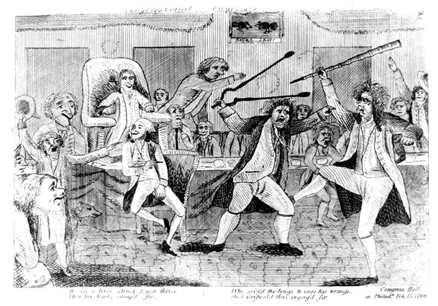 Contemporary cartoon of congressman Matthew Lyon (left) fighting congressman Roger Griswold