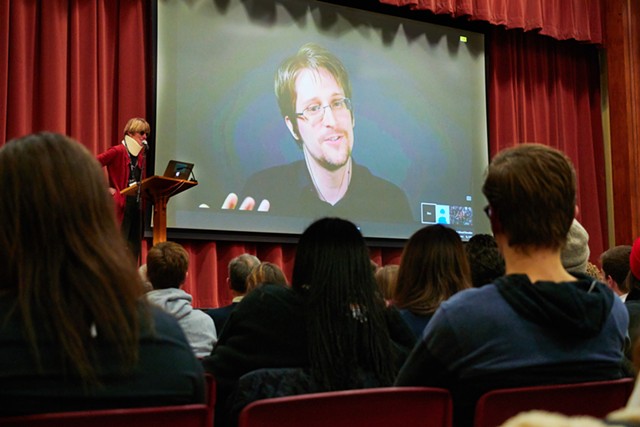 Edward Snowden chats with professor Allison Stanger. - TODD BALFOUR