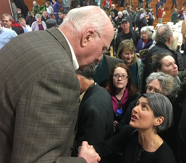 Sen. Patrick Leahy chats with a constituent on Saturday in Hardwick. - JOHN WALTERS