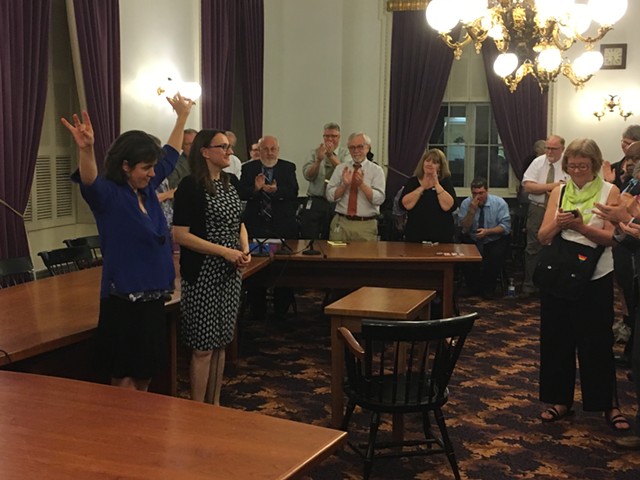 House Speaker Mitzi Johnson and Majority Leader Jill Krowinski at a House Democratic caucus meeting late Thursday at the Vermont Statehouse - TERRI HALLENBECK
