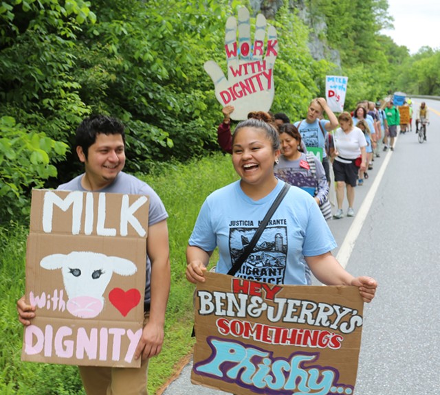 Esau Peche-Ventura, left, and Yesenia Hernández-Ramos march to Ben & Jerry's on June 17. - COURTESY: MIGRANT JUSTICE