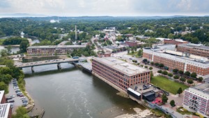 Aerial view of the Winooski River and mills