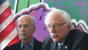 Congressman Peter Welch and Sen. Bernie Sanders at a press conference in January 2018 at Burlington International Airport