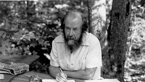 Solzhenitsyn in Cavendish, at his self-made table with birch legs.