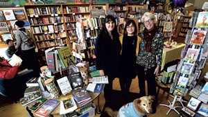 From left: Andrea Jones, Sandy Scott and Linda Ramsdell with canine staffer Boo at Galaxy Bookshop