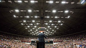 Sen. Bernie Sanders speaks Wednesday night at the Veterans Memorial Coliseum in Madison, Wis.