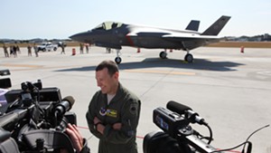 Lt. Col. Tony Marek speaks to the media after flying one of the Air Guard's two new F-35s from Texas to Burlington.