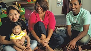 Chandra Bharati; her son, Aaron; Ellen Drolette; and interpreter  Prem Bhattarai at Bharati's home*