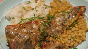 Chiles rellenos with roasted apple, rice and beans