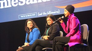 Reps. Rashida Tlaib, Pramila Jayapal and Ilhan Omar at a rally for Sen. Bernie Sanders in Clive, Iowa