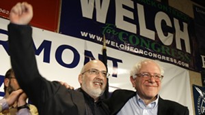 Bernie Sanders (right) celebrating his 2006 electoral victory with his campaign manager, Jeff Weaver