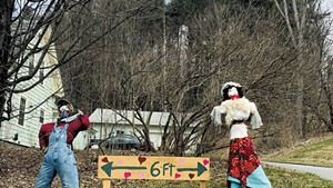 Photo submitted to the Vermont Historical Society's COVID-19 Archive in which scarecrows demonstrate proper social distancing in a Montpelier yard
