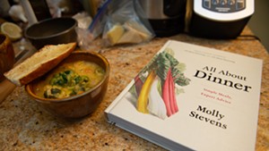 Bowl of soup and James Beard finalist cookbook by Molly Stevens