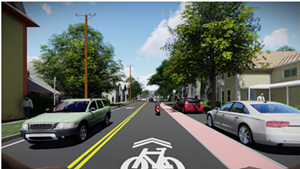 Rendering of a cyclist's view on Pine heading north toward Maple Street
