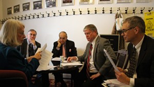 Sens. Peg Flory, Phil Baruth, Dick Mazza and John Campbell meet Thursday with Senate Secretary John Bloomer.