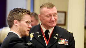 Rep. Dylan Giambatista (D-Essex Junction) with current Adj. Gen. Greg Knight in January 2019