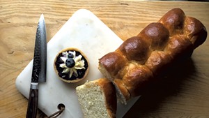 Blueberry-almond tart and a large brioche loaf from Belleville Bakery &amp; Catering