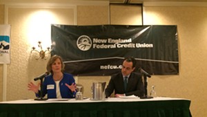 Democratic candidates for governor Sue Minter and Matt Dunne before business group